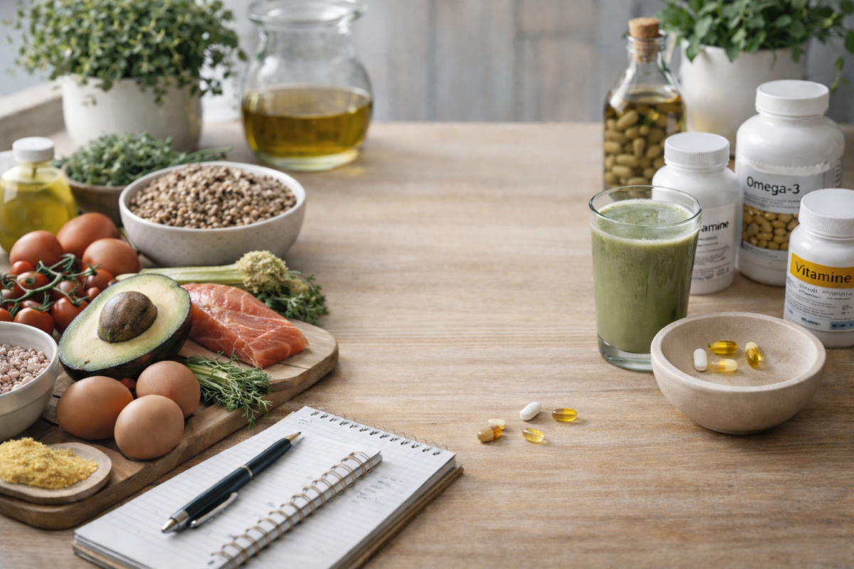 Wichtige Nährstoffe und Nahrungsergänzunngsmittel auf einem Tisch